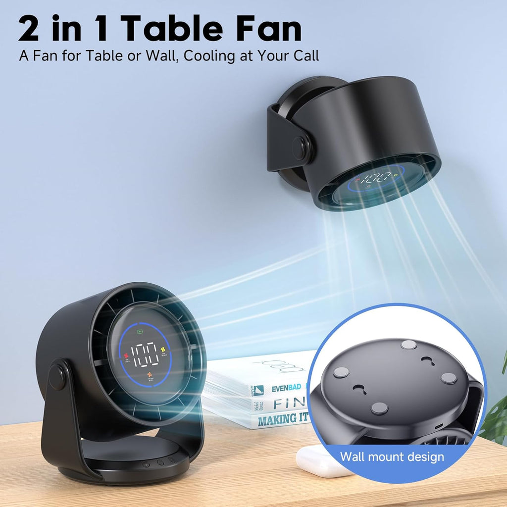 Desk Fan, Turbo Table Fan for Bedroom, 100-Speed Digital Display, Low Noise, 105° Adjustable Tilt, 7.5-inch, Rechargeable Battery