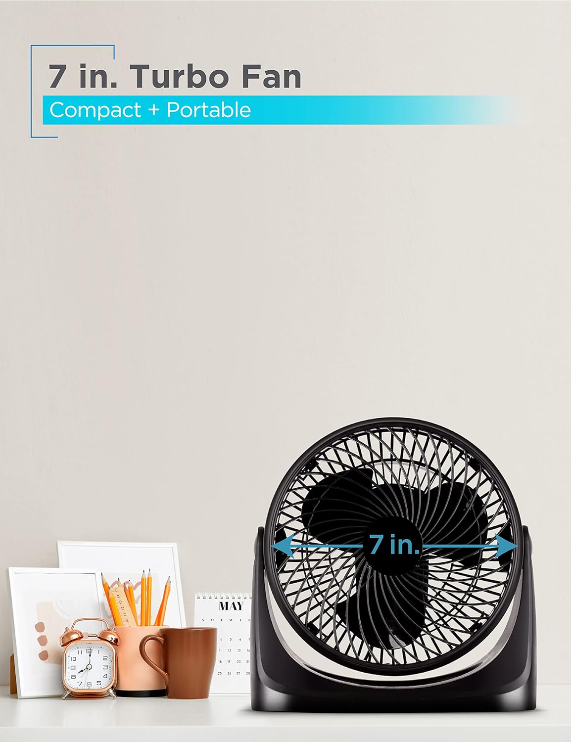 7-Inch Portable Turbo Fan, 3-Speed Settings, Desktop Personal Cooling for Table with 90° Tilt Angle Fan Head