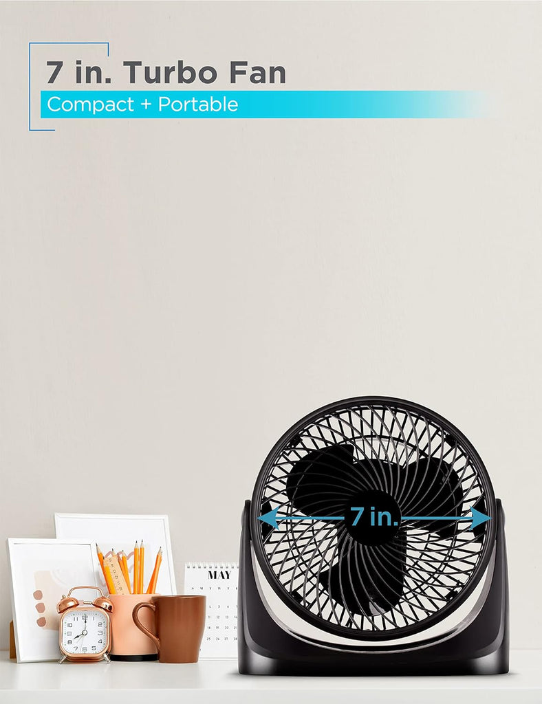 7-Inch Portable Turbo Fan, 3-Speed Settings, Desktop Personal Cooling for Table with 90° Tilt Angle Fan Head